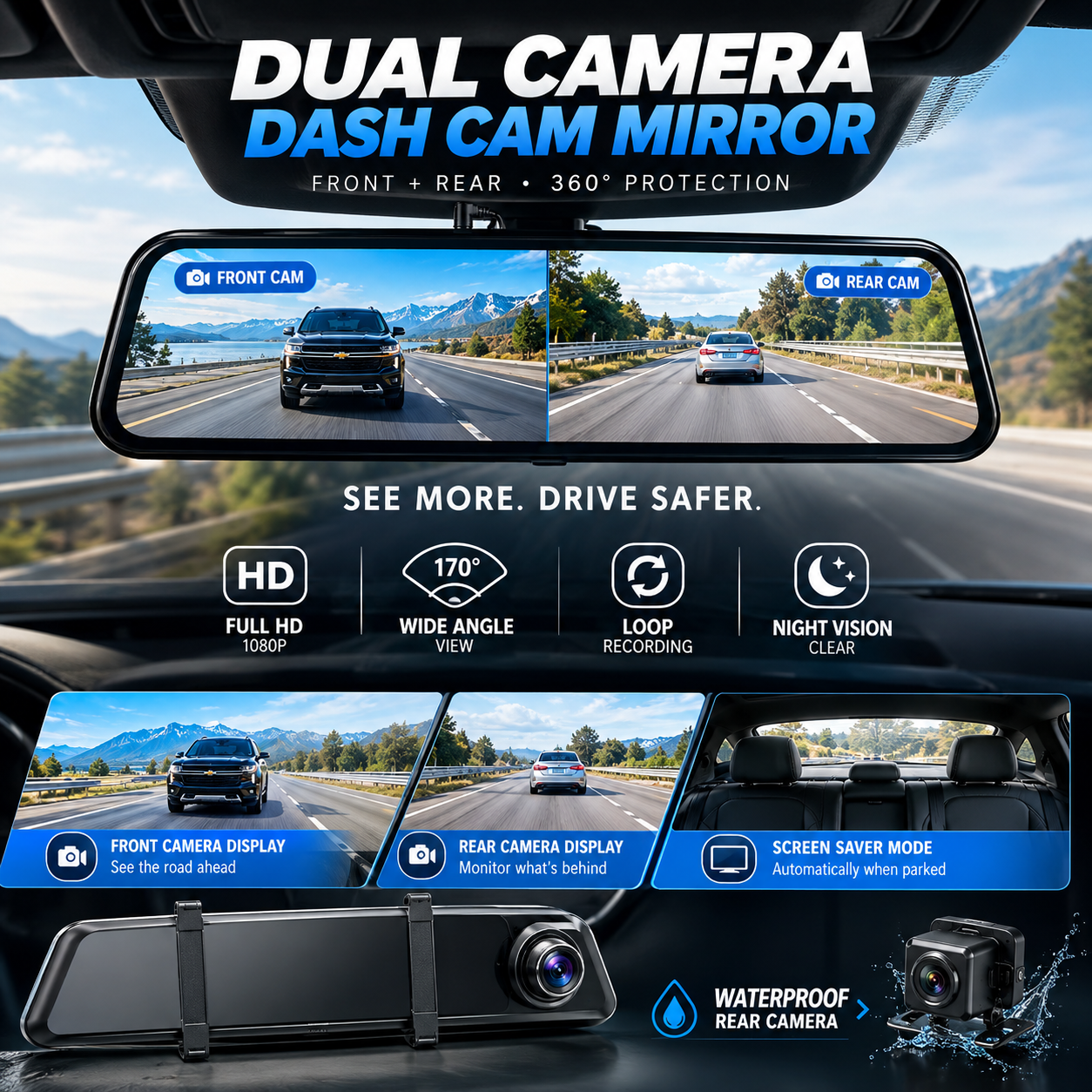 Dual camera dash cam mirror with night vision and loop recording dashboard interface features