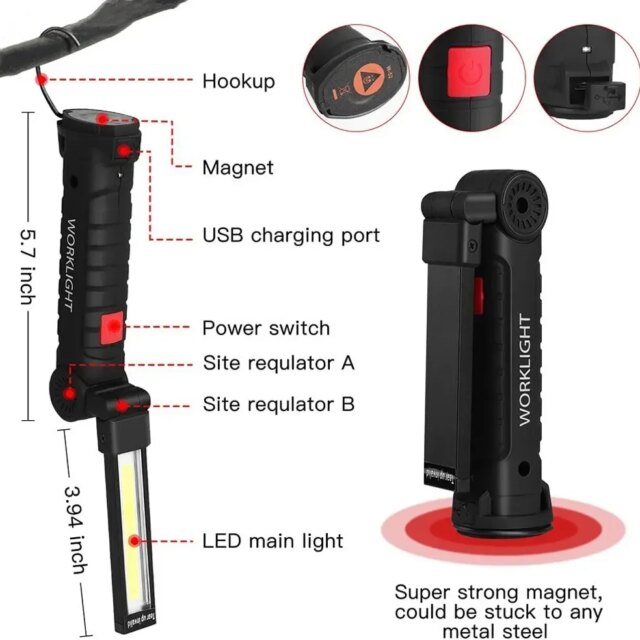 LED Work Light COB USB Rechargeable Built in Battery Lamp