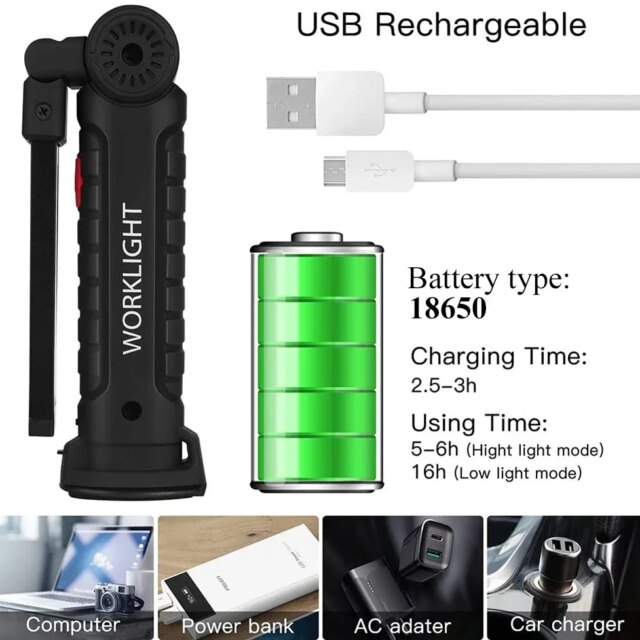 LED Work Light COB USB Rechargeable Built in Battery Lamp