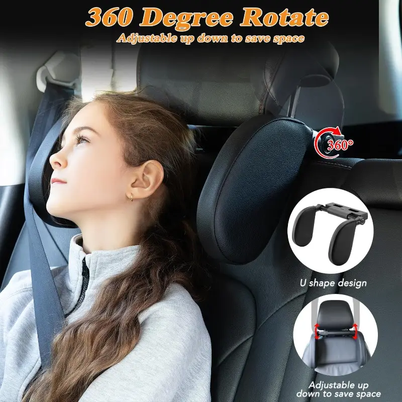 Adjustable Neck Support Installation Pillow for car seat installed on standard vehicle headrest poles with clamp system