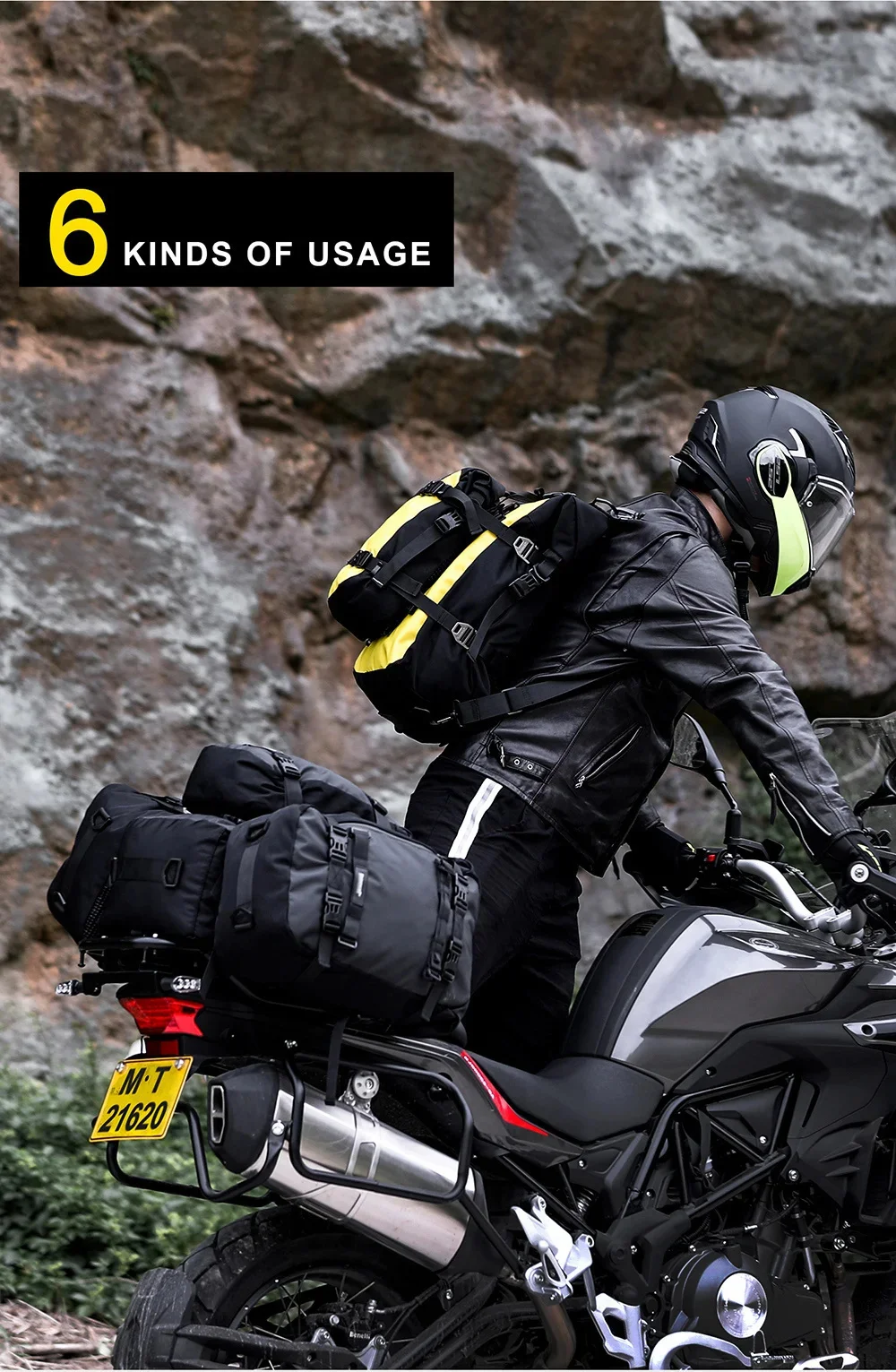 4-in-1 motorcycle bag mounted on touring bike rack