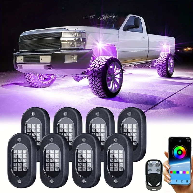 Rock lights for trucks RGB Bluetooth pod kit installed on chassis