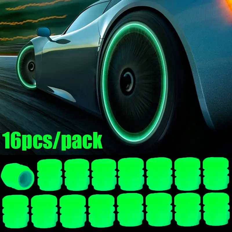Night Glow Tire Covers Luminous valve covers installed on a car tire glowing at night