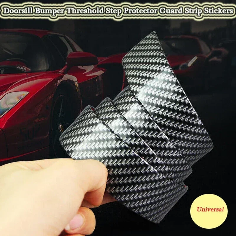 Door sills protector with carbon fiber finish installed on vehicle entry
