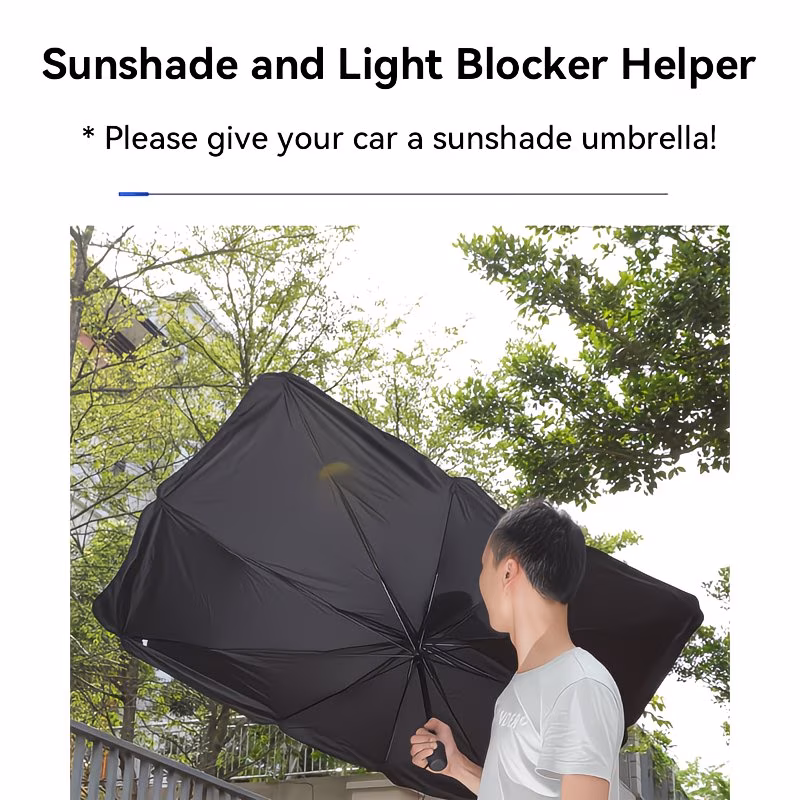 Foldable sun shade car umbrella stored in its sleeve