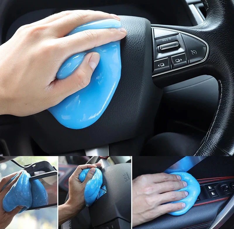 Car Cleaning Gel – Dashboard Detailing Slime Soft gel compound lifting dirt from a textured dashboard surface