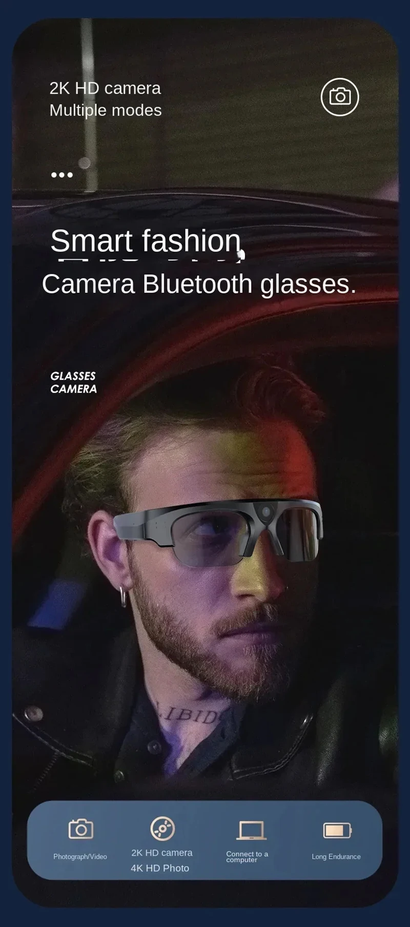 Smart Glasses Main View Smart glasses with camera providing 2K POV recording and Bluetooth connectivity