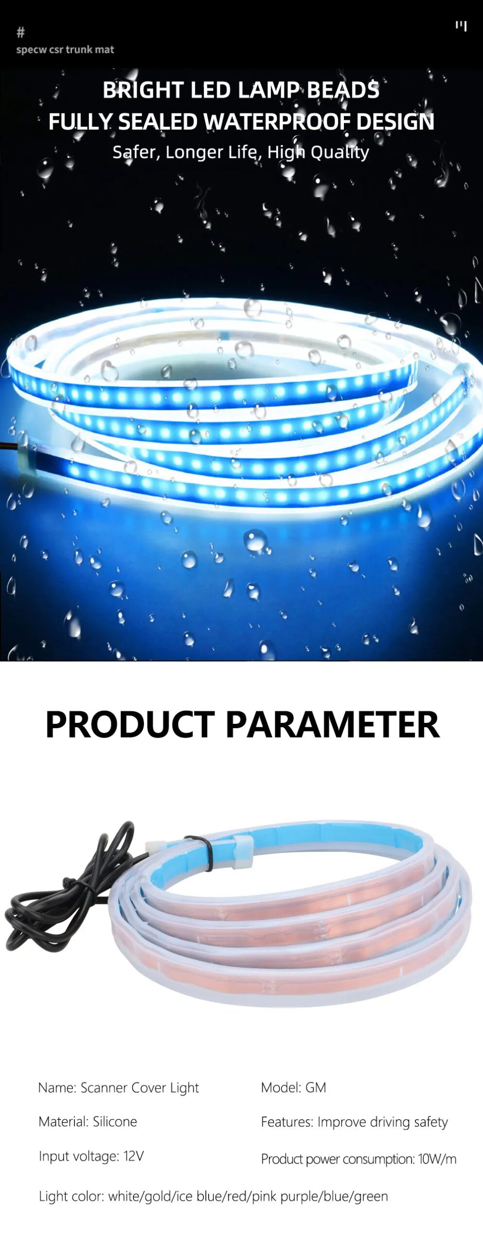 White LED strip car hood light shown on a vehicle exterior