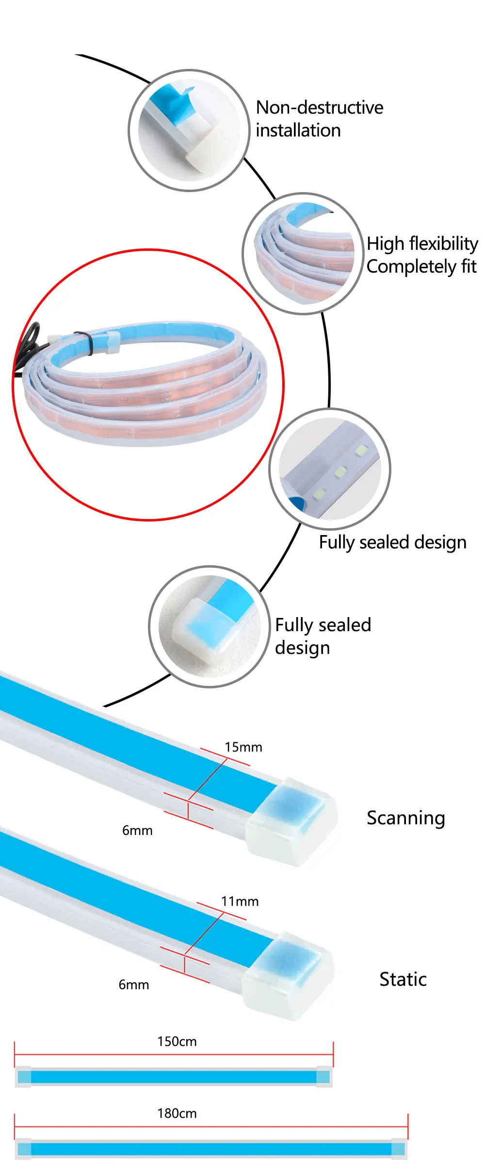 Car Hood Light white LED strip detail and product packaging