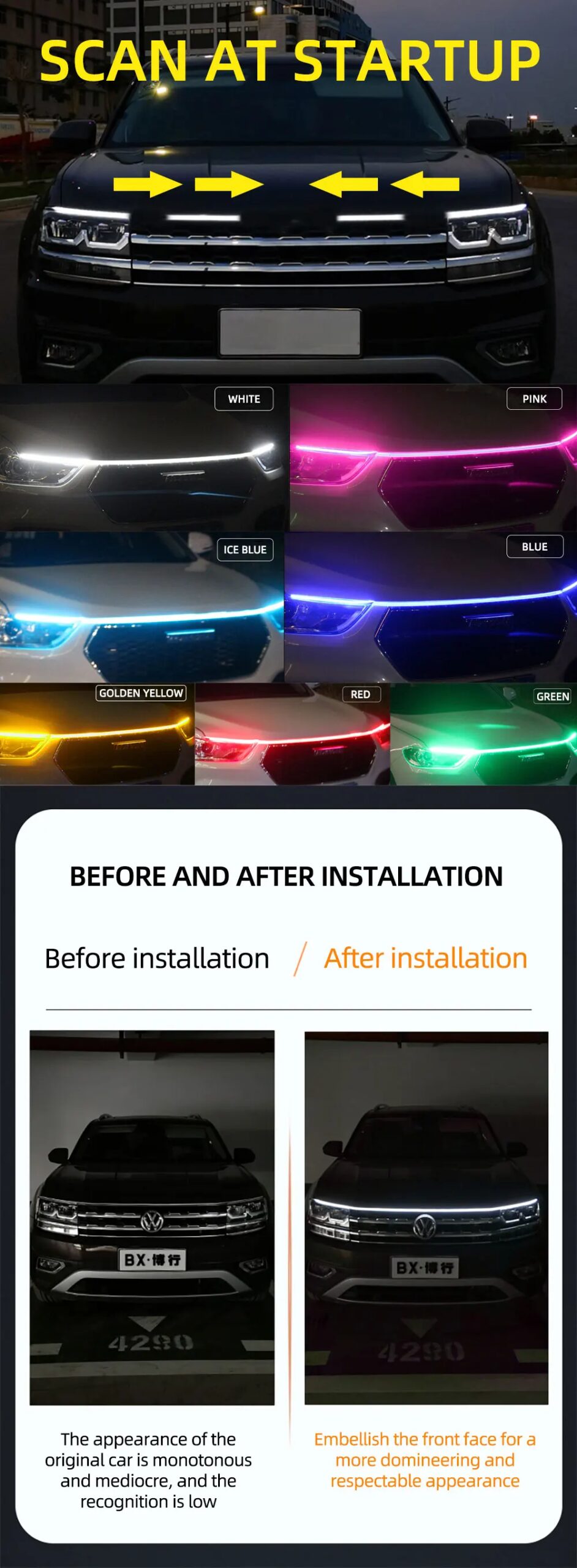 Car Hood Light white LED strip product view for a compatible vehicle