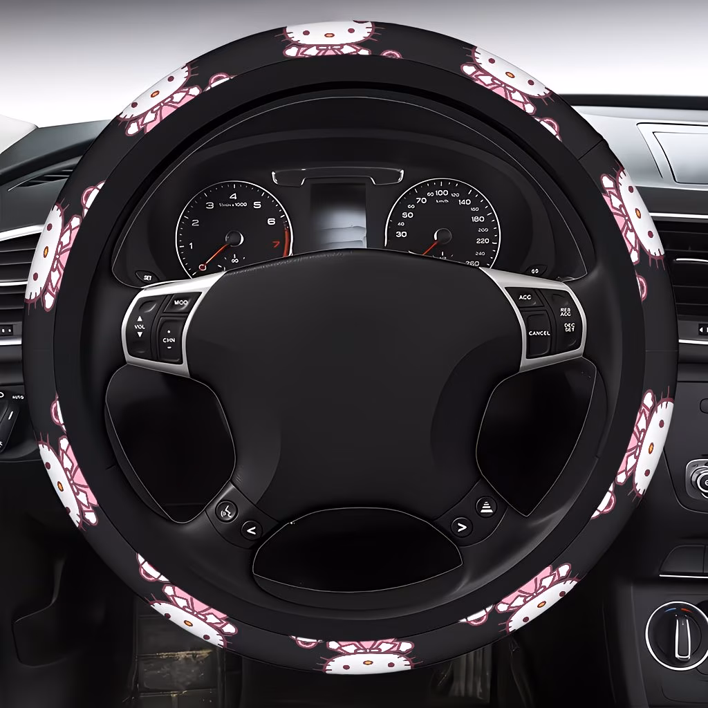 Premium Soft Plush Material Close up of premium soft plush material and non-slip lining on Hello Kitty steering wheel cover