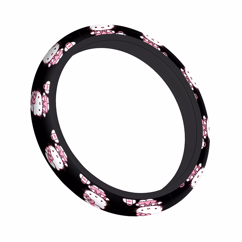 Iconic Aesthetic Interior Decoration Hello Kitty steering wheel cover installed in car interior with iconic red bow design