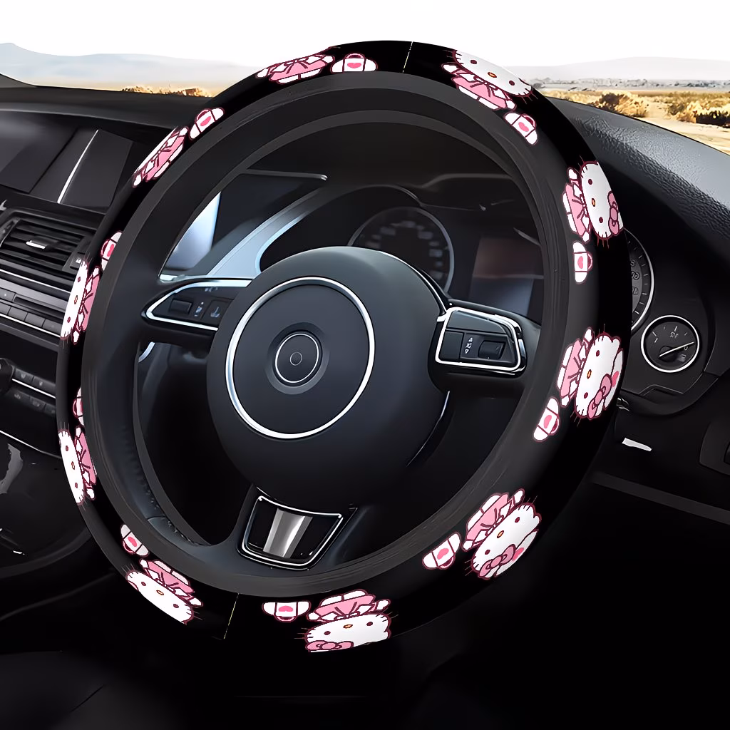 38cm Safe Non-Slip Grip Hello Kitty steering wheel cover with non-slip grip and plush material installed on car wheel
