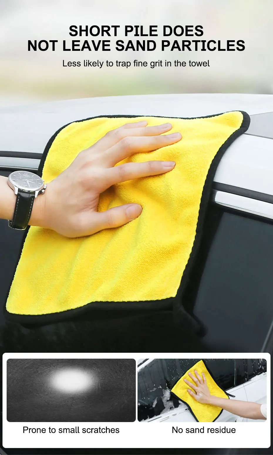 Microfiber towel being used to dry a car exterior without scratching