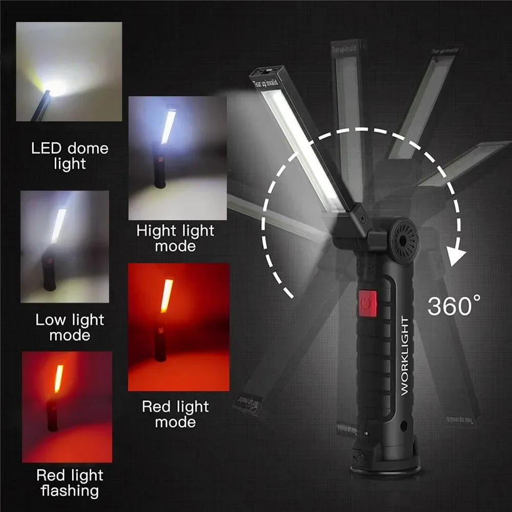 LED Work Light COB USB Rechargeable Built in Battery Lamp 1 LED Work Light showing COB front LED red and flashing red modes