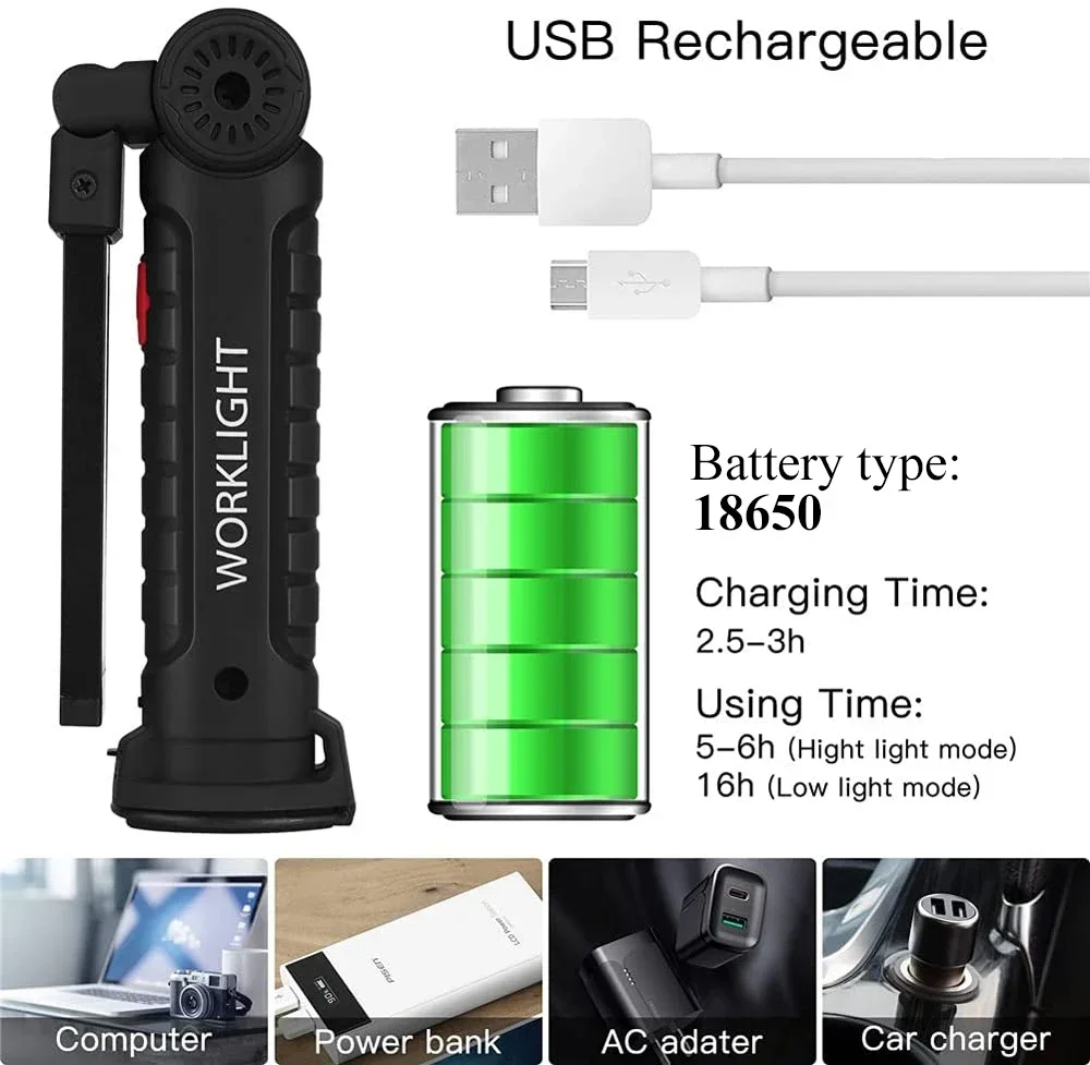 LED Work Light COB USB Rechargeable Built in Battery Lamp 2 LED Work Light with folding hook magnetic base and rotating body