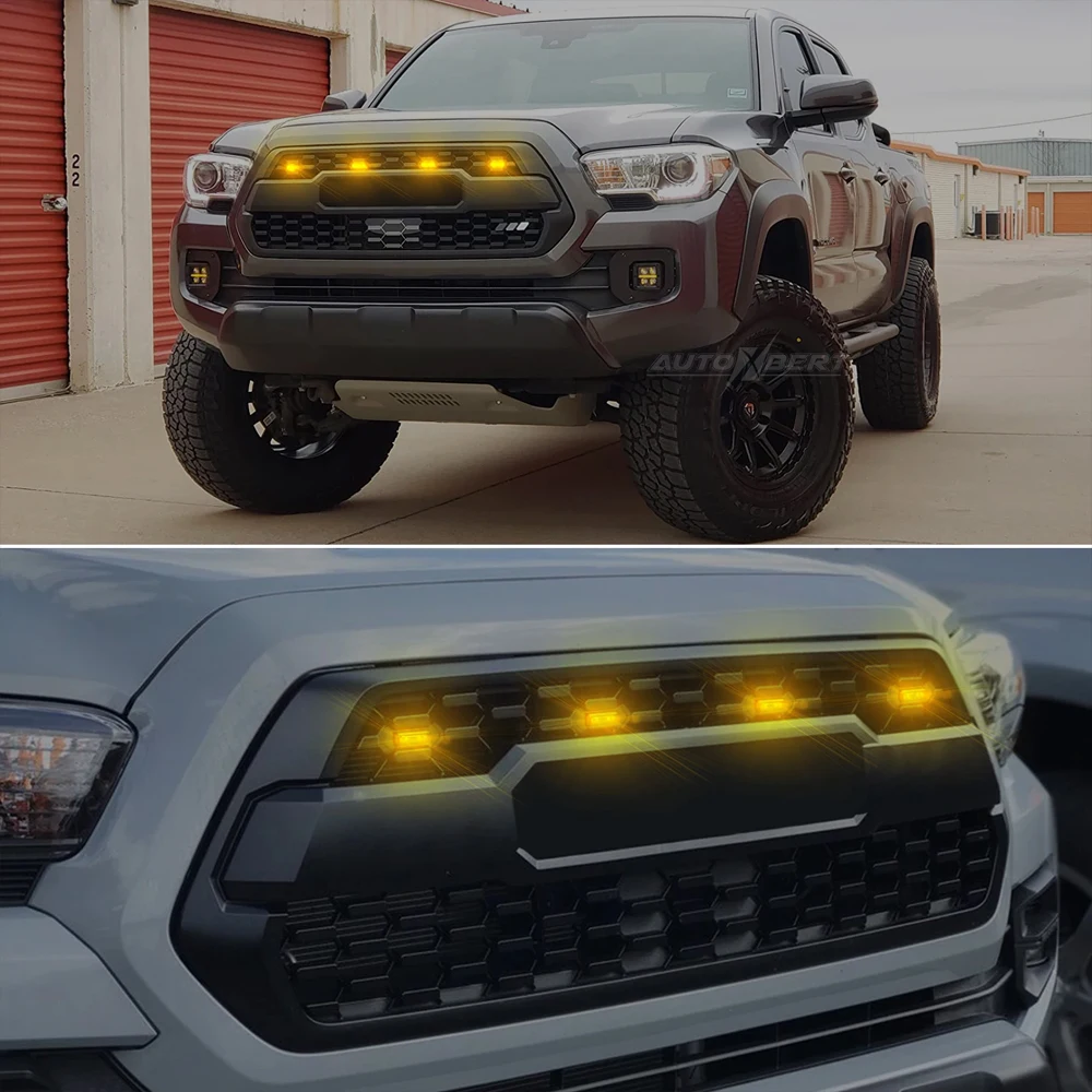 Toyota Tacoma grille with amber Raptor Lights installed