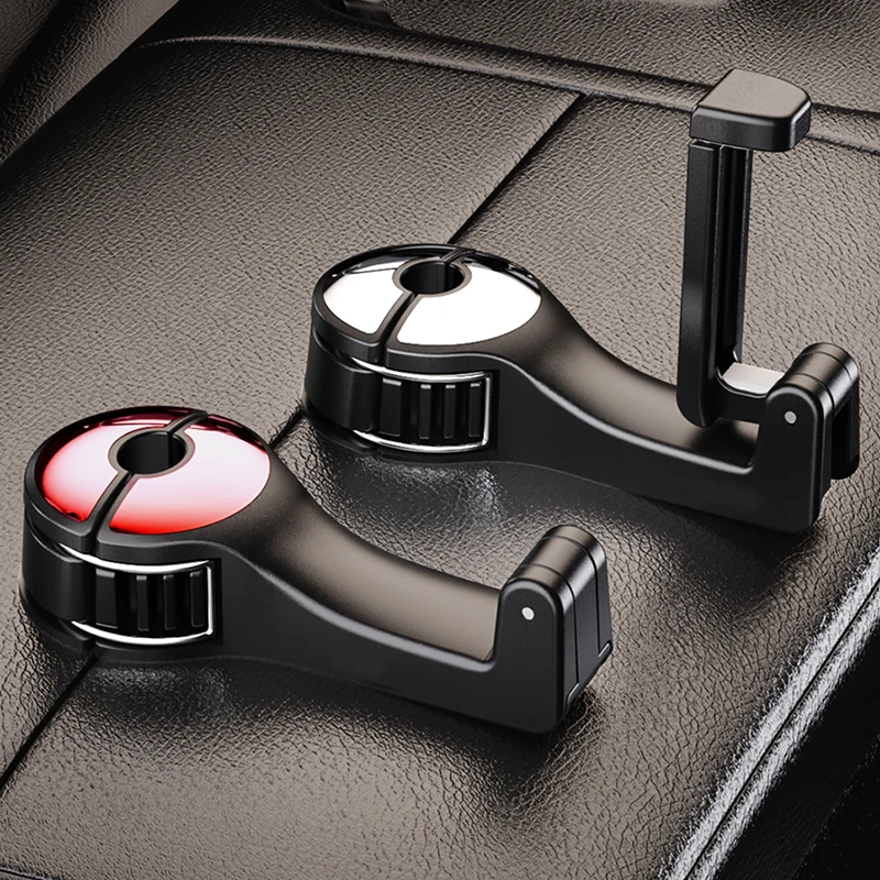 Universal Headrest Fitment Matte carbon black car seat hook installed on headrest pole for universal fit
