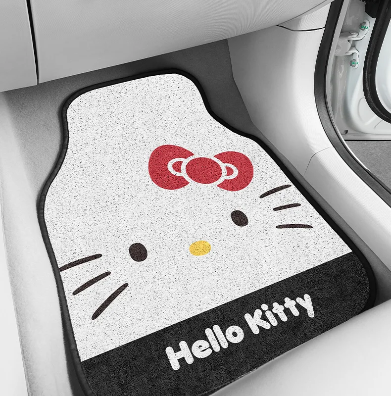 Universal Vehicle Fitment Hello Kitty floor mats installed in a car interior showing perfect fitment